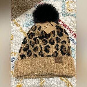 C.C Tan Leopard Beanie with Black Pom